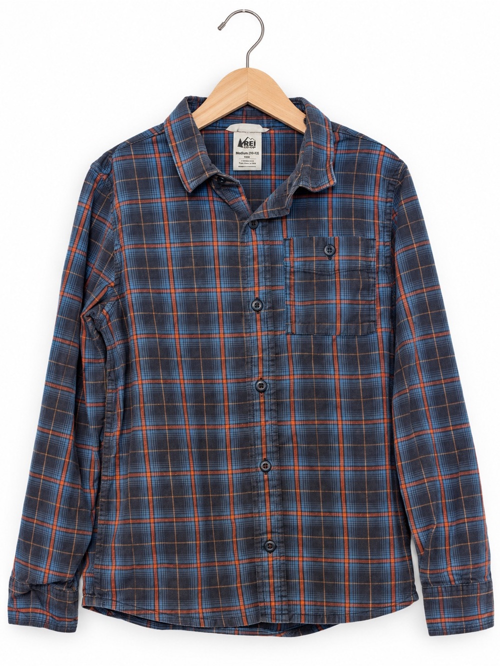 REI Co-op Kids Medium 10-12 Blue Orange Plaid Button Up Shirt